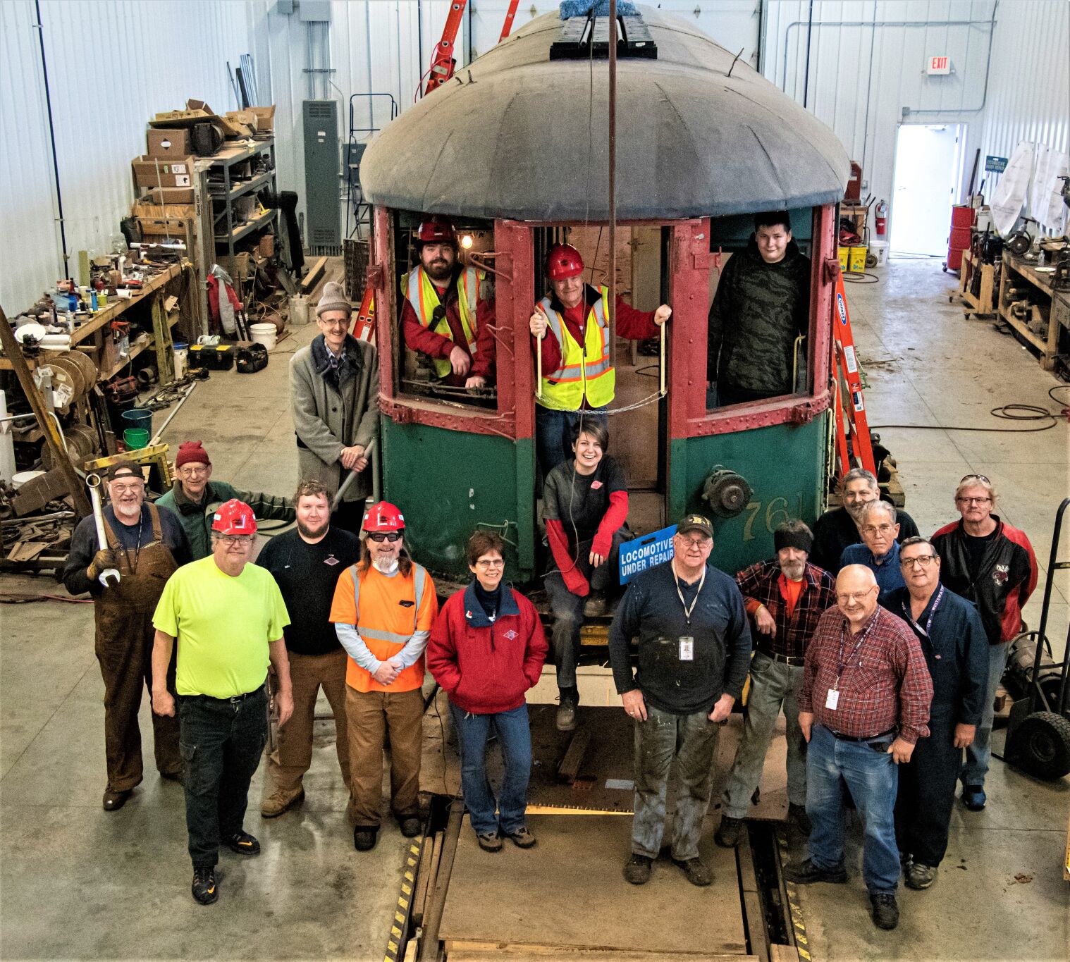 East Troy Railroad Museum restoration team volunteers with car #761
